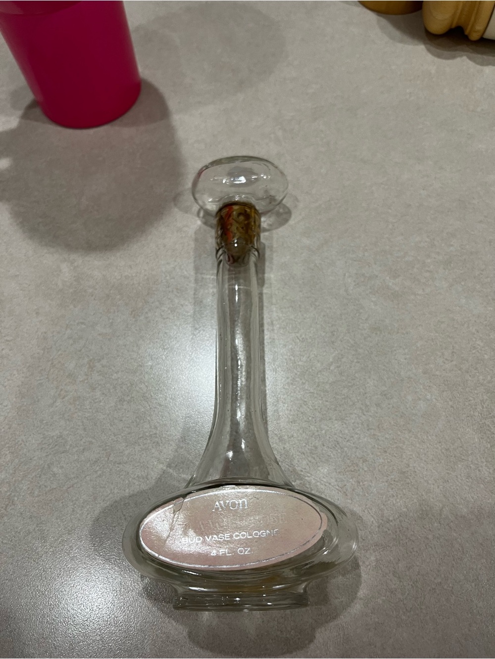 Avon Clear Glass Bud Vase with Pink Label and Multicolor Accent